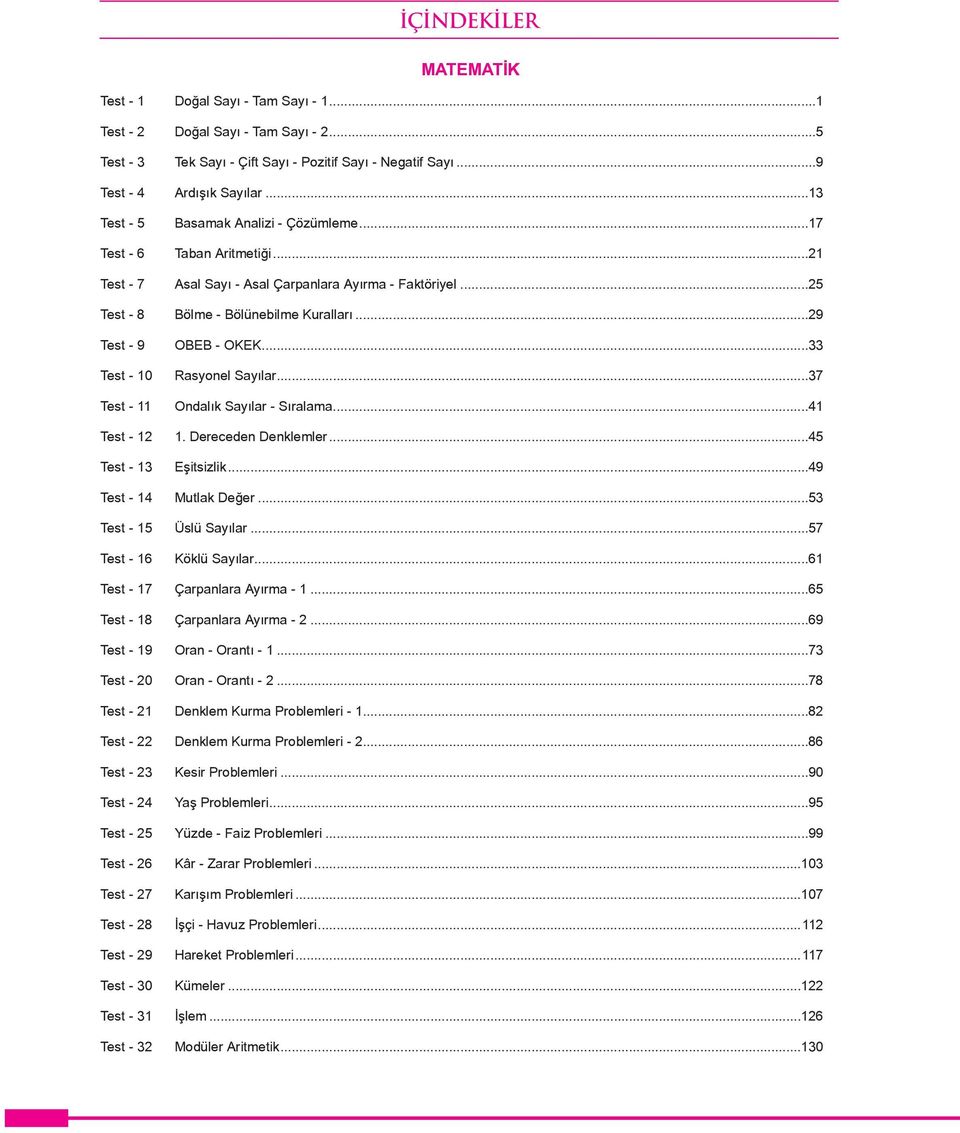 ..9 Ardışık Sayılar...13 Basamak Analizi - Çözümleme...17 Taban Aritmetiği...21 Asal Sayı - Asal Çarpanlara Ayırma - Faktöriyel...25 Bölme - Bölünebilme Kuralları...29 OBEB - OKEK...33 Rasyonel Sayılar.