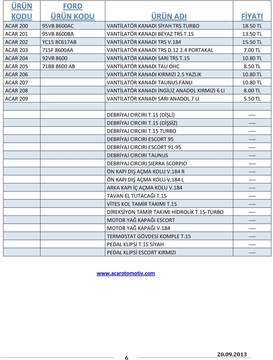 50 TL ACAR 206 VANTİLATÖR KANADI KIRMIZI 2.5 YAZLIK 10.80 TL ACAR 207 VANTİLATÖR KANADI TAUNUS FANLI 10.80 TL ACAR 208 VANTİLATÖR KANADI İNGİLİZ ANADOL KIRMIZI 6 LI 8.