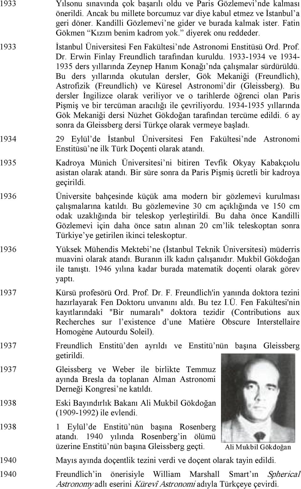 Erwin Finlay Freundlich tarafından kuruldu. 1933 1934 ve 1934 1935 ders yıllarında Zeynep Hanım Konağı nda çalışmalar sürdürüldü.