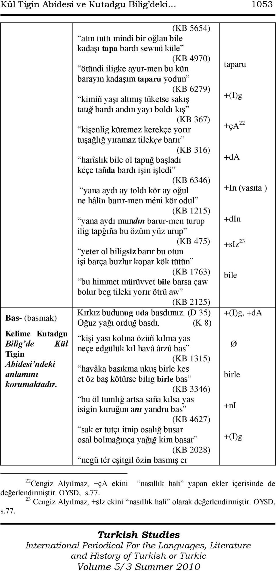 sakış tatığ bardı andın yayı boldı kış (KB 367) kişenlig küremez kerekçe yorır tuşağlığ yıramaz tilekçe barır (KB 316) harîslık bile ol tapuğ başladı kéçe tañda bardı işin işledi (KB 6346) yana aydı