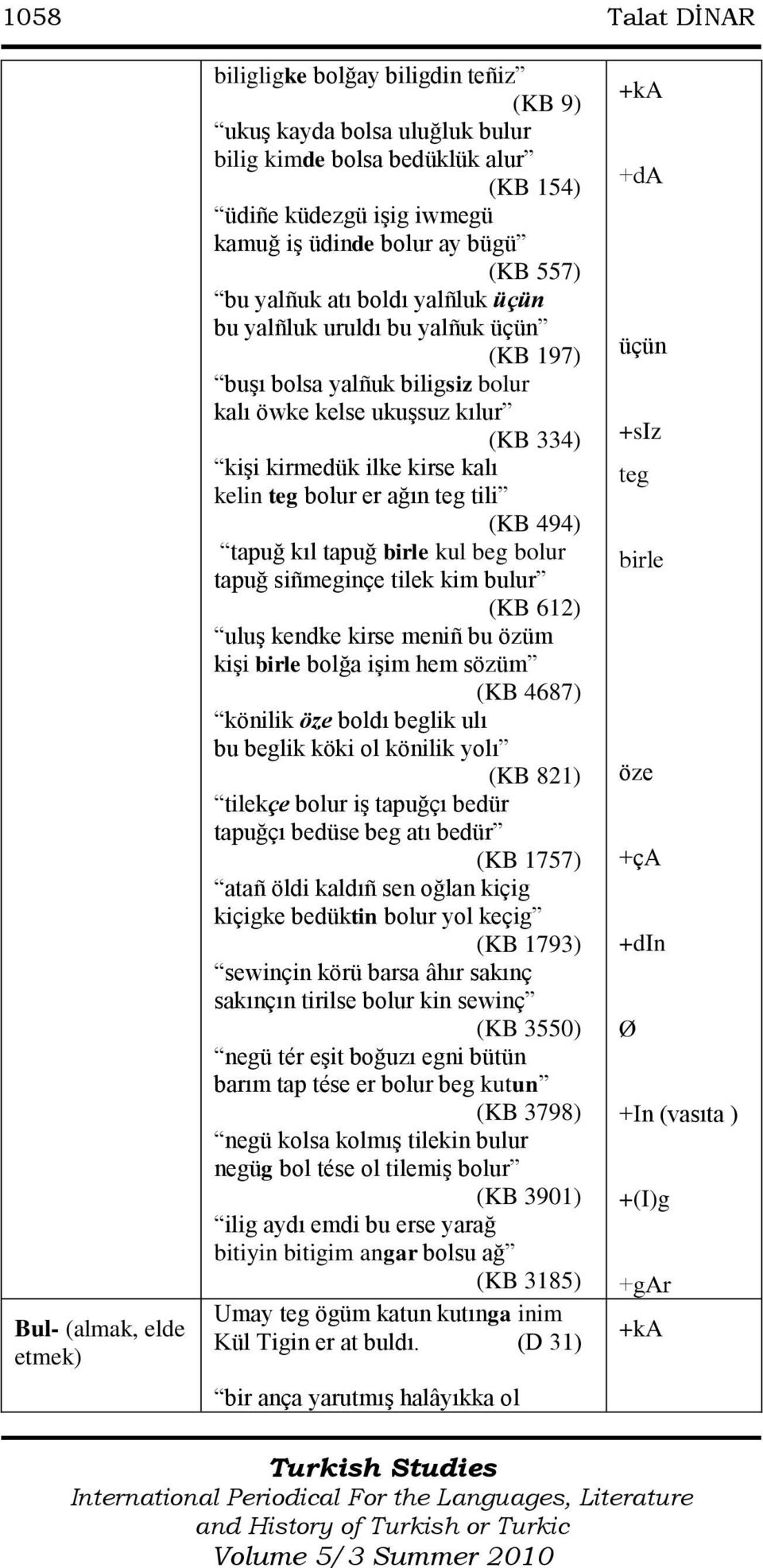 kelin teg bolur er ağın teg tili (KB 494) tapuğ kıl tapuğ kul beg bolur tapuğ siñmeginçe tilek kim bulur (KB 612) uluş kendke kirse meniñ bu özüm kişi bolğa işim hem sözüm (KB 4687) könilik öze boldı