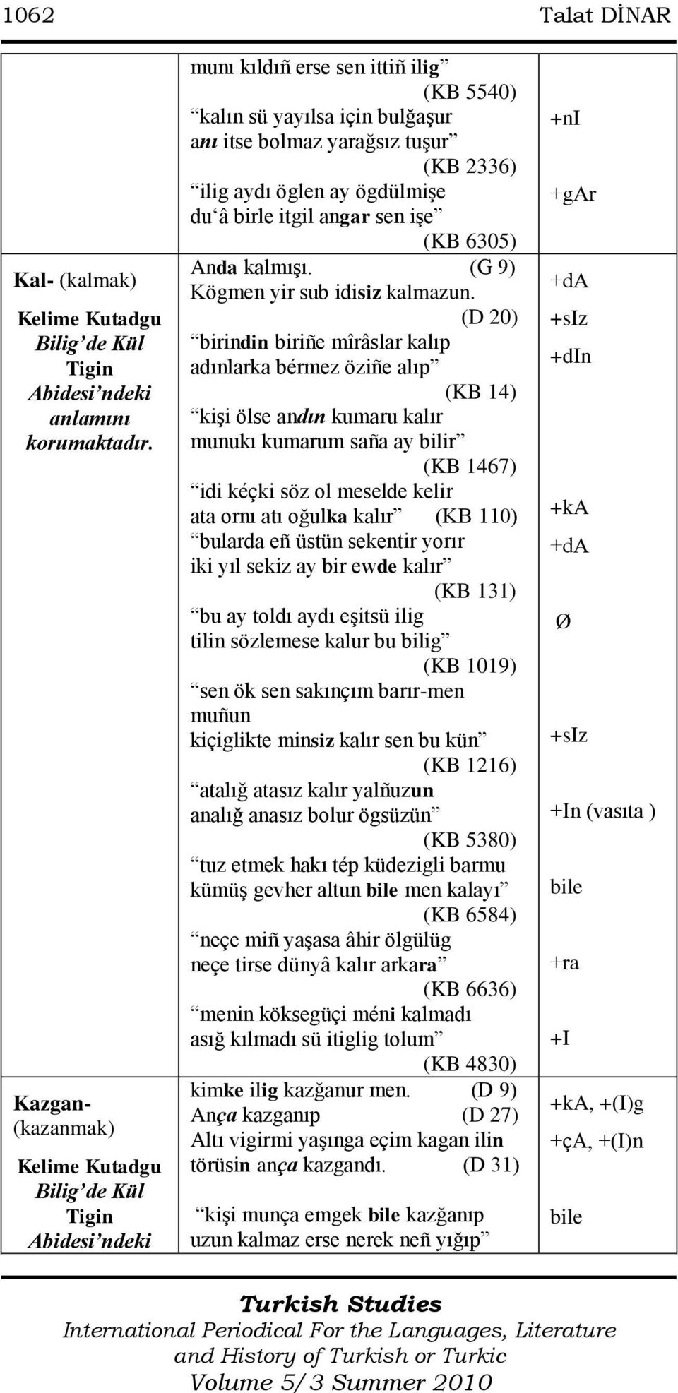 (D 20) birindin biriñe mîrâslar kalıp adınlarka bérmez öziñe alıp (KB 14) kişi ölse andın kumaru kalır munukı kumarum saña ay bilir (KB 1467) idi kéçki söz ol meselde kelir ata ornı atı oğulka kalır