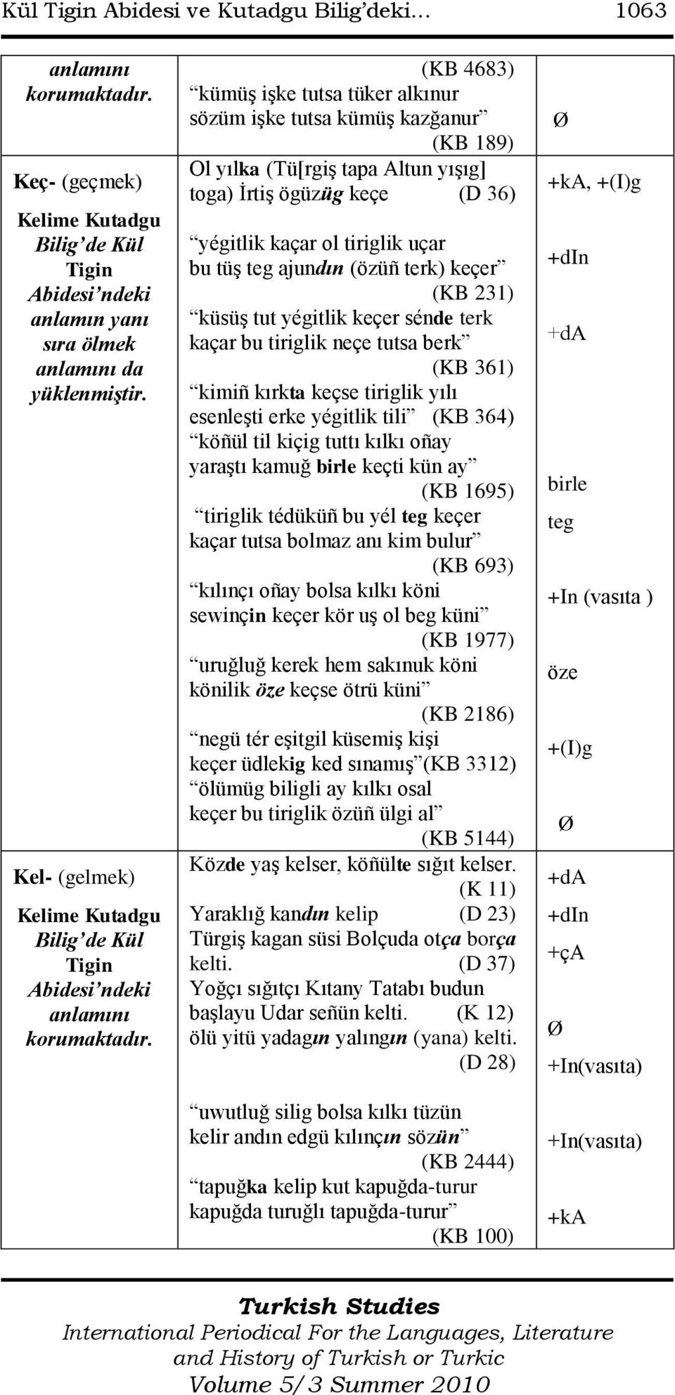 tüş teg ajundın (özüñ terk) keçer (KB 231) küsüş tut yégitlik keçer sénde terk kaçar bu tiriglik neçe tutsa berk (KB 361) kimiñ kırkta keçse tiriglik yılı esenleşti erke yégitlik tili (KB 364) köñül