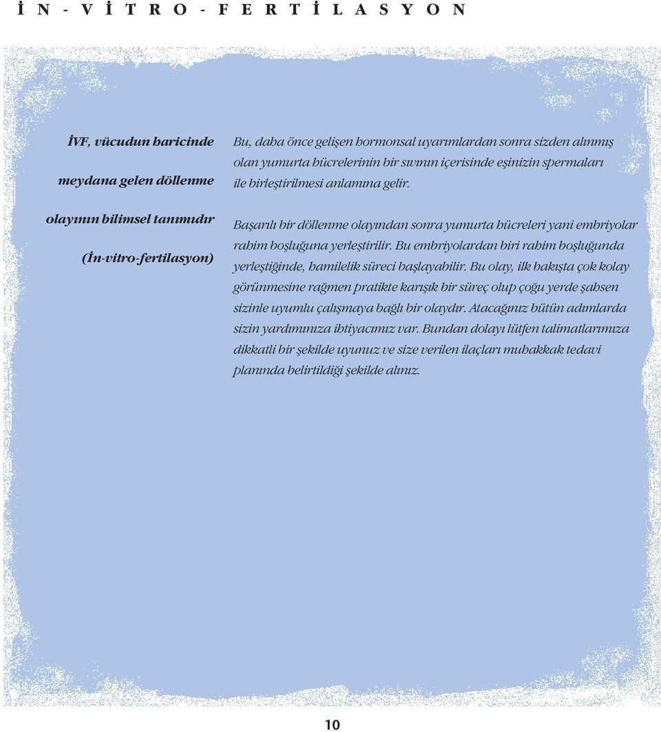 olayının bilimsel tanımıdır (İn-vitro-fertilasyon) Başarılı bir döllenme olayından sonra yumurta hücreleri yani embriyolar rahim boşluğuna yerleştirilir.