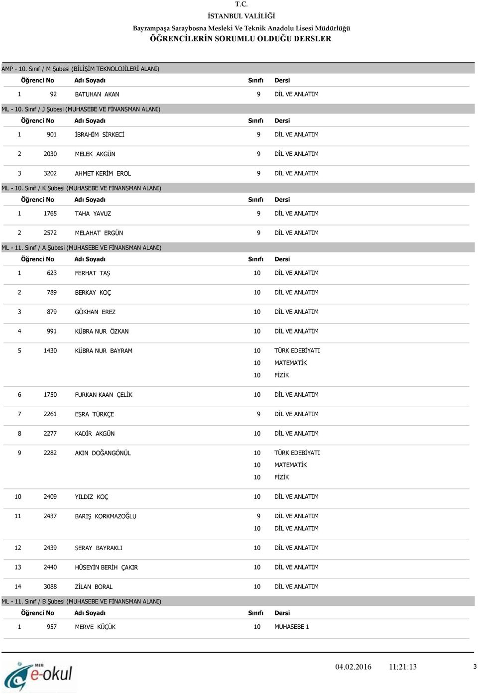 Sınıf / K Şubesi (MUHASEBE VE FİNANSMAN ALANI) 1 1765 TAHA YAVUZ 2 2572 MELAHAT ERGÜN ML - 11.