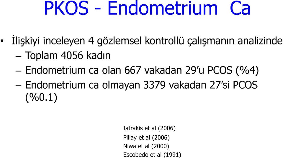 29 u PCOS (%4) Endometrium ca olmayan 3379 vakadan 27 si PCOS (%0.