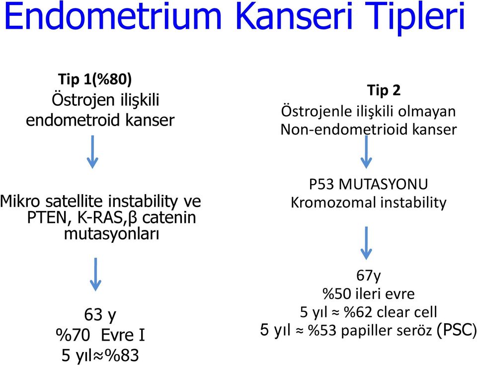 PTEN, K-RAS,β catenin mutasyonları 63 y %70 Evre I 5 yıl %83 P53 MUTASYONU