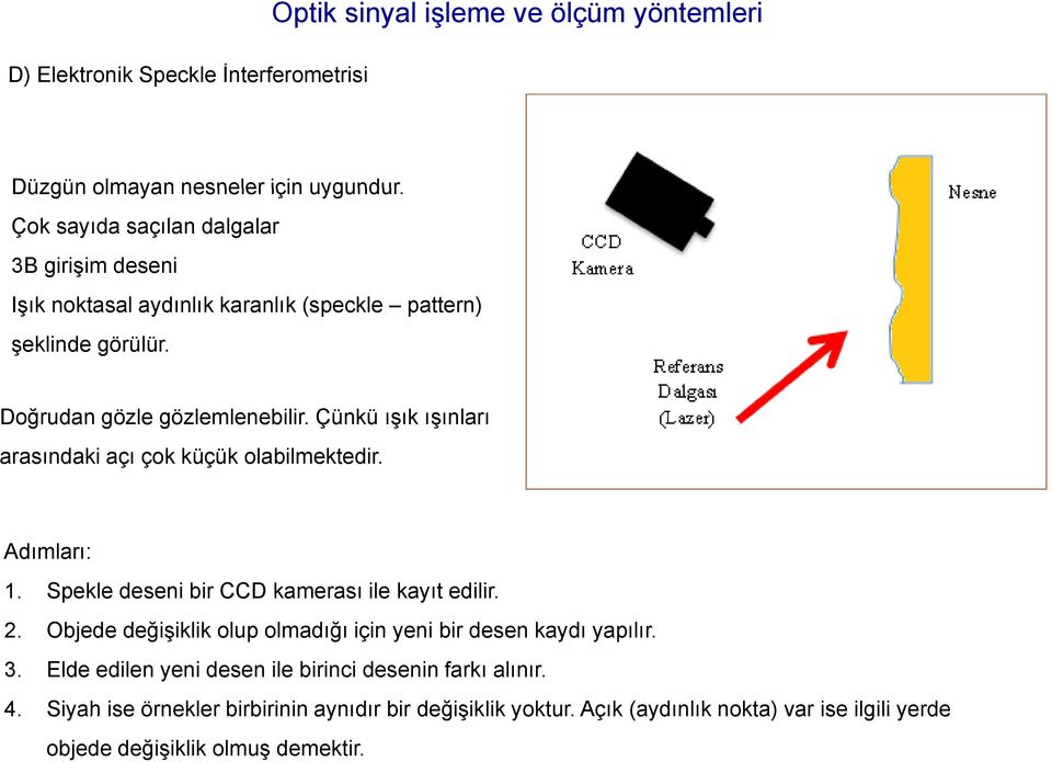 Çünkü ışık ışınları arasındaki açı çok küçük olabilmektedir. Adımları: 1. Spekle deseni bir CCD kamerası ile kayıt edilir. 2.