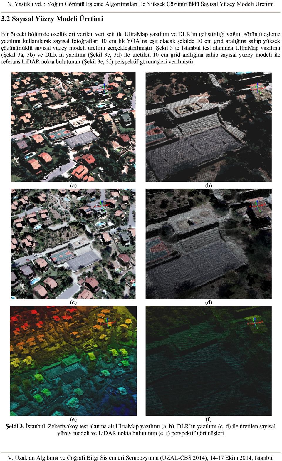 Şekil 3 te İstanbul test alanında UltraMap yazılımı (Şekil 3a, 3b) ve DLR ın yazılımı (Şekil 3c, 3d) ile üretilen 10 cm grid aralığına sahip sayısal yüzey modeli ile referans LiDAR nokta