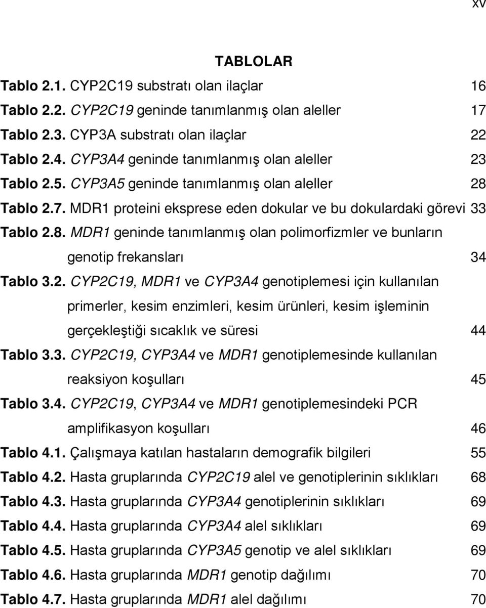 2. CYP2C19, MDR1 ve CYP3A4 genotiplemesi için kullanılan primerler, kesim enzimleri, kesim ürünleri, kesim işleminin gerçekleştiği sıcaklık ve süresi 44 Tablo 3.3. CYP2C19, CYP3A4 ve MDR1 genotiplemesinde kullanılan reaksiyon koşulları 45 Tablo 3.