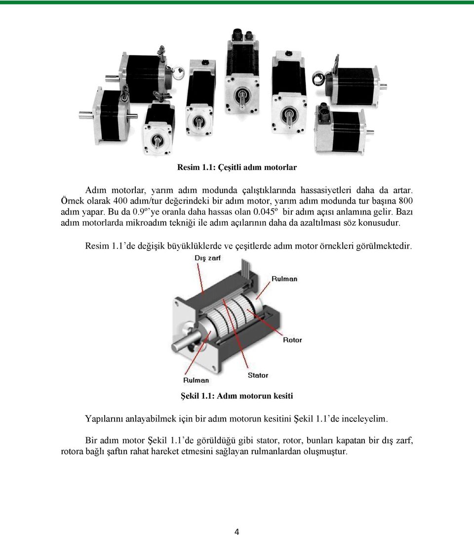 Bazı adım motorlarda mikroadım tekniği ile adım açılarının daha da azaltılması söz konusudur. Resim 1.1 de değiģik büyüklüklerde ve çeģitlerde adım motor örnekleri görülmektedir. ġekil 1.