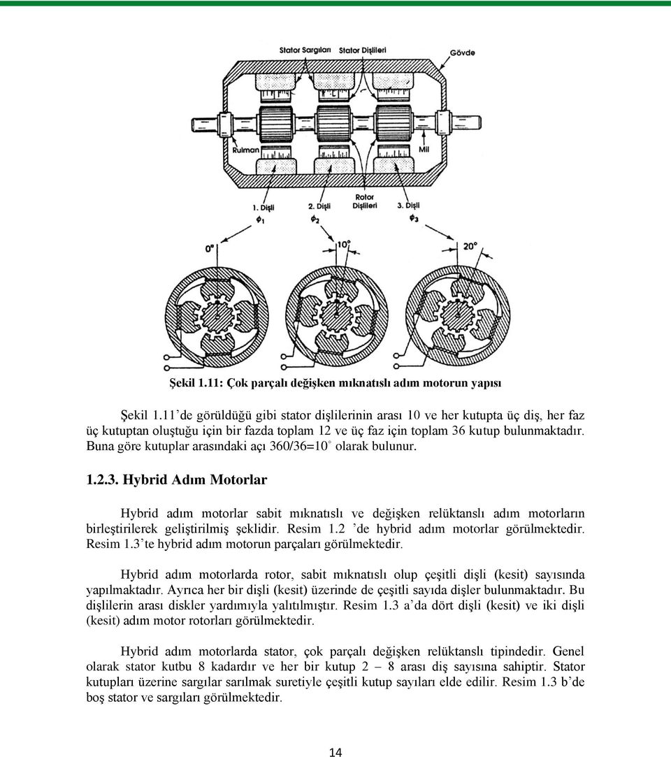 Buna göre kutuplar arasındaki açı 360/36=10 olarak bulunur. 1.2.3. Hybrid Adım Motorlar Hybrid adım motorlar sabit mıknatıslı ve değiģken relüktanslı adım motorların birleģtirilerek geliģtirilmiģ Ģeklidir.