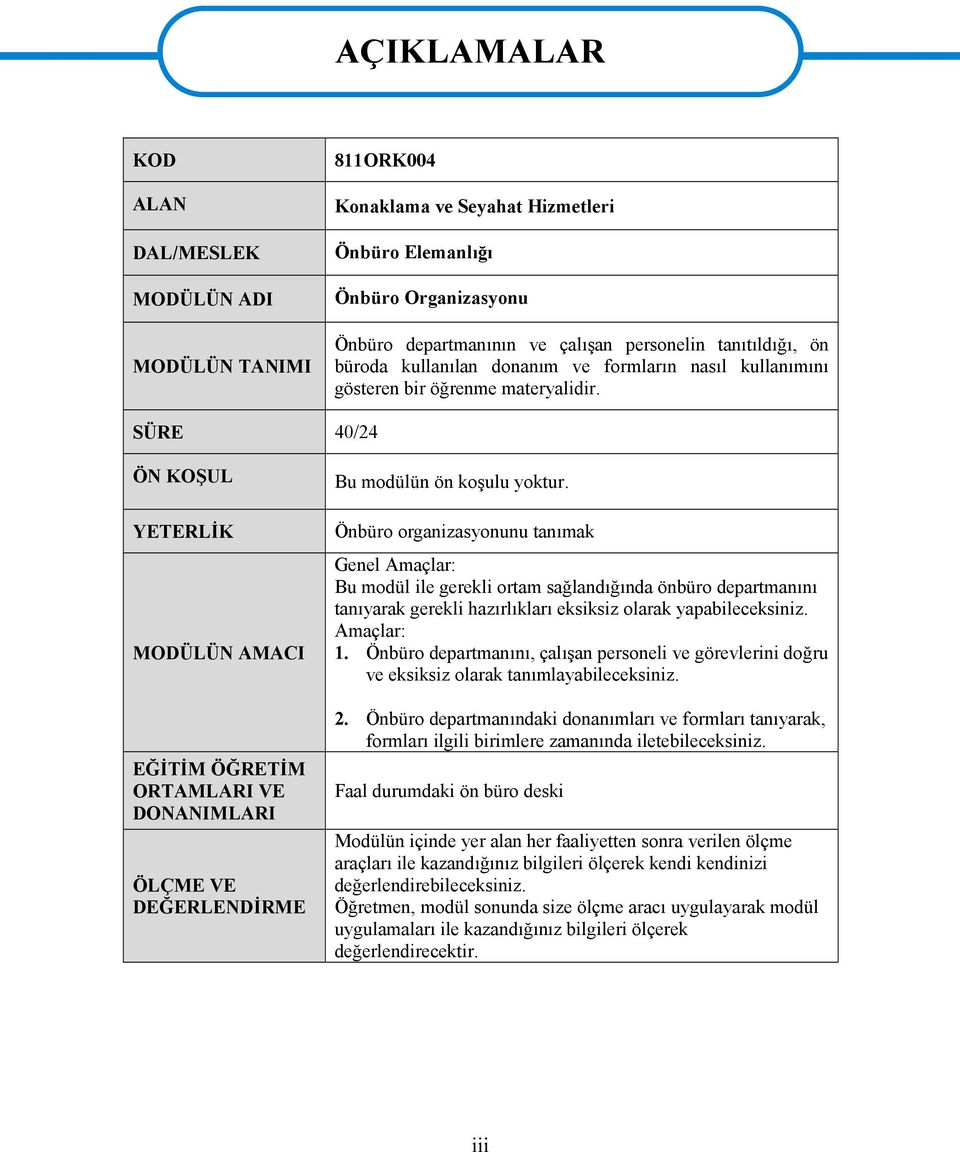 SÜRE 40/24 ÖN KOŞUL YETERLİK MODÜLÜN AMACI EĞİTİM ÖĞRETİM ORTAMLARI VE DONANIMLARI ÖLÇME VE DEĞERLENDİRME Bu modülün ön koşulu yoktur.