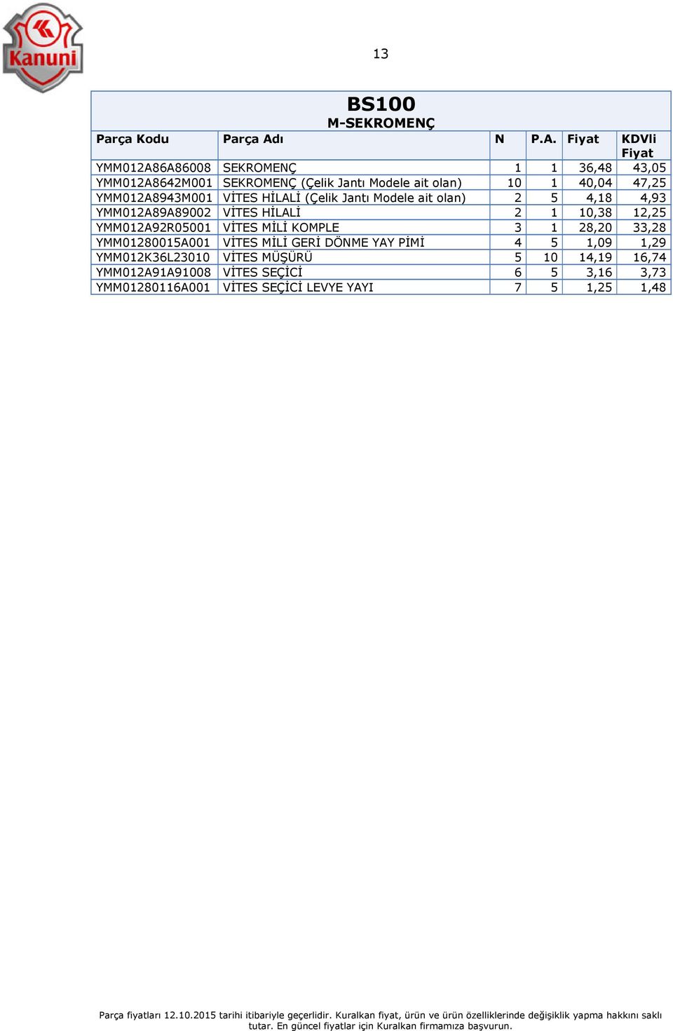 YMM012A92R05001 VİTES MİLİ KOMPLE 3 1 28,20 33,28 YMM01280015A001 VİTES MİLİ GERİ DÖNME YAY PİMİ 4 5 1,09 1,29