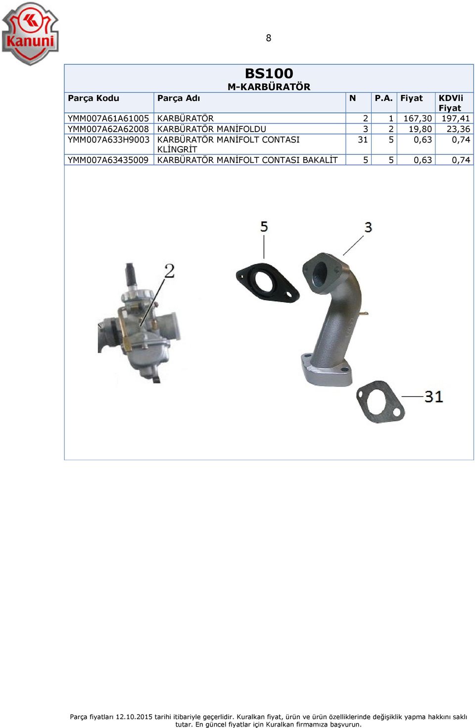 YMM007A633H9003 KARBÜRATÖR MANİFOLT CONTASI 31 5 0,63 0,74