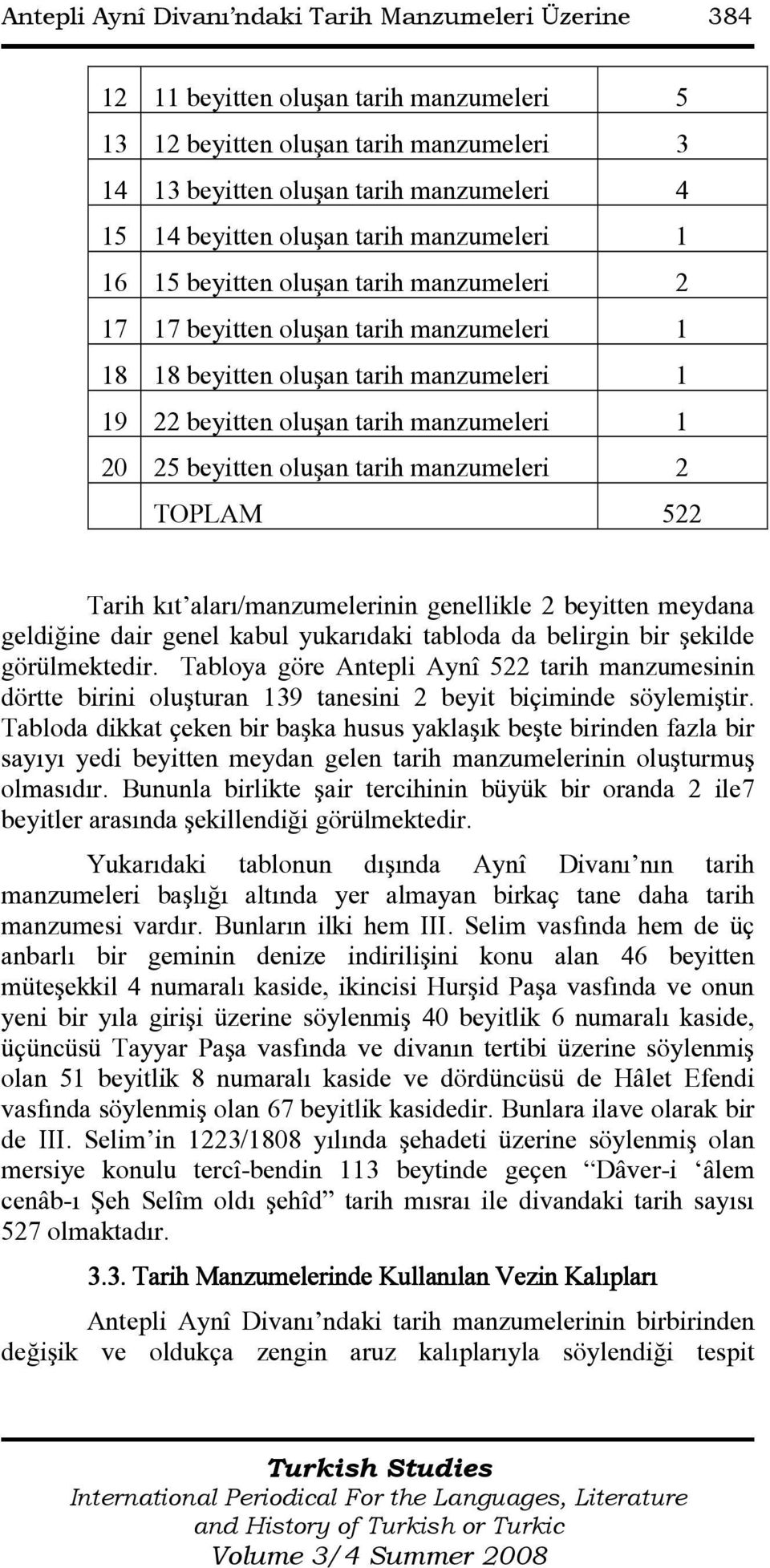 25 beyitten oluşan tarih manzumeleri 2 TOPLAM 522 Tarih kıt aları/manzumelerinin genellikle 2 beyitten meydana geldiğine dair genel kabul yukarıdaki tabloda da belirgin bir şekilde görülmektedir.