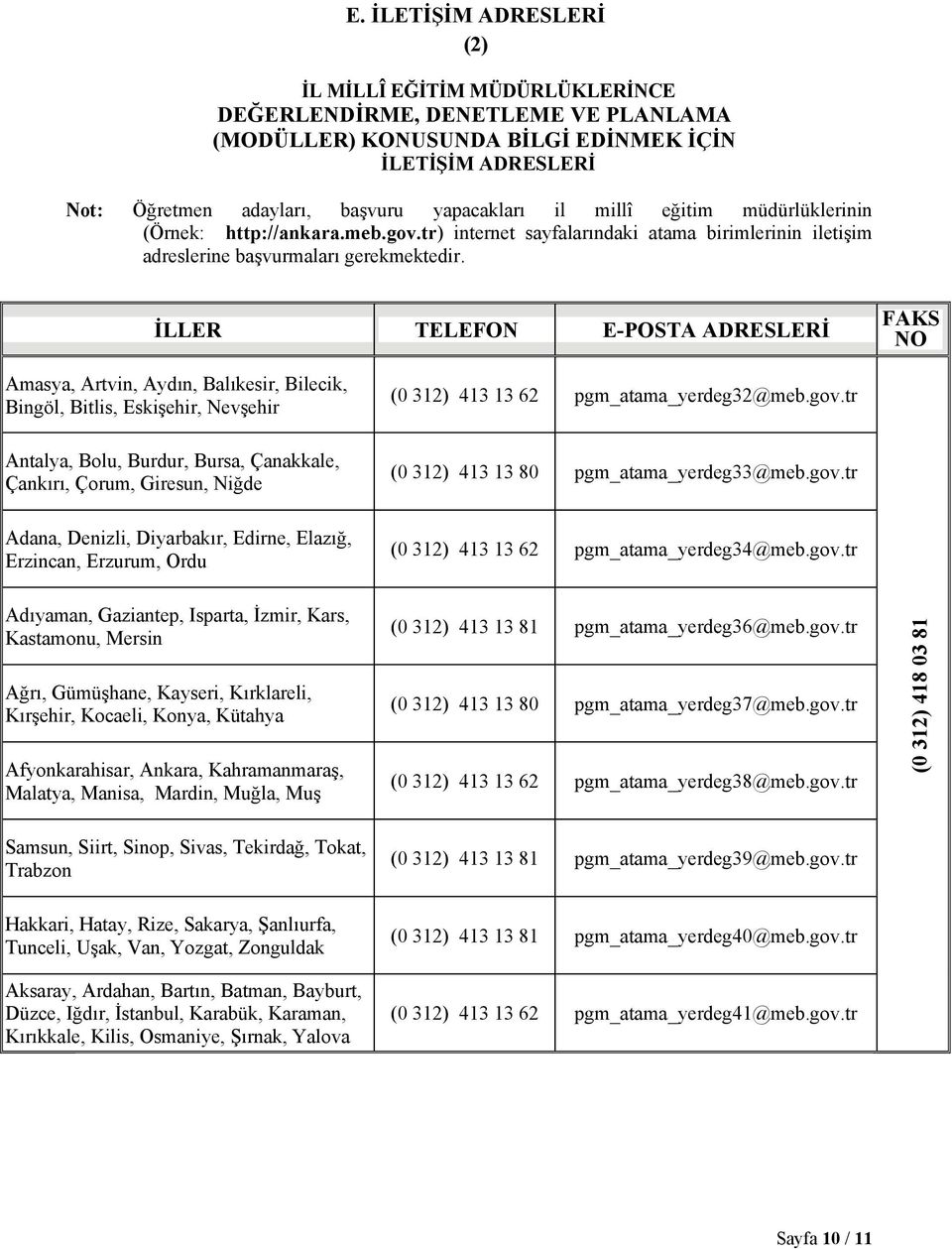 İLLER TELEFON E-POSTA ADRESLERİ FAKS NO Amasya, Artvin, Aydın, Balıkesir, Bilecik, Bingöl, Bitlis, Eskişehir, Nevşehir (0 312) 413 13 62 pgm_atama_yerdeg32@meb.gov.