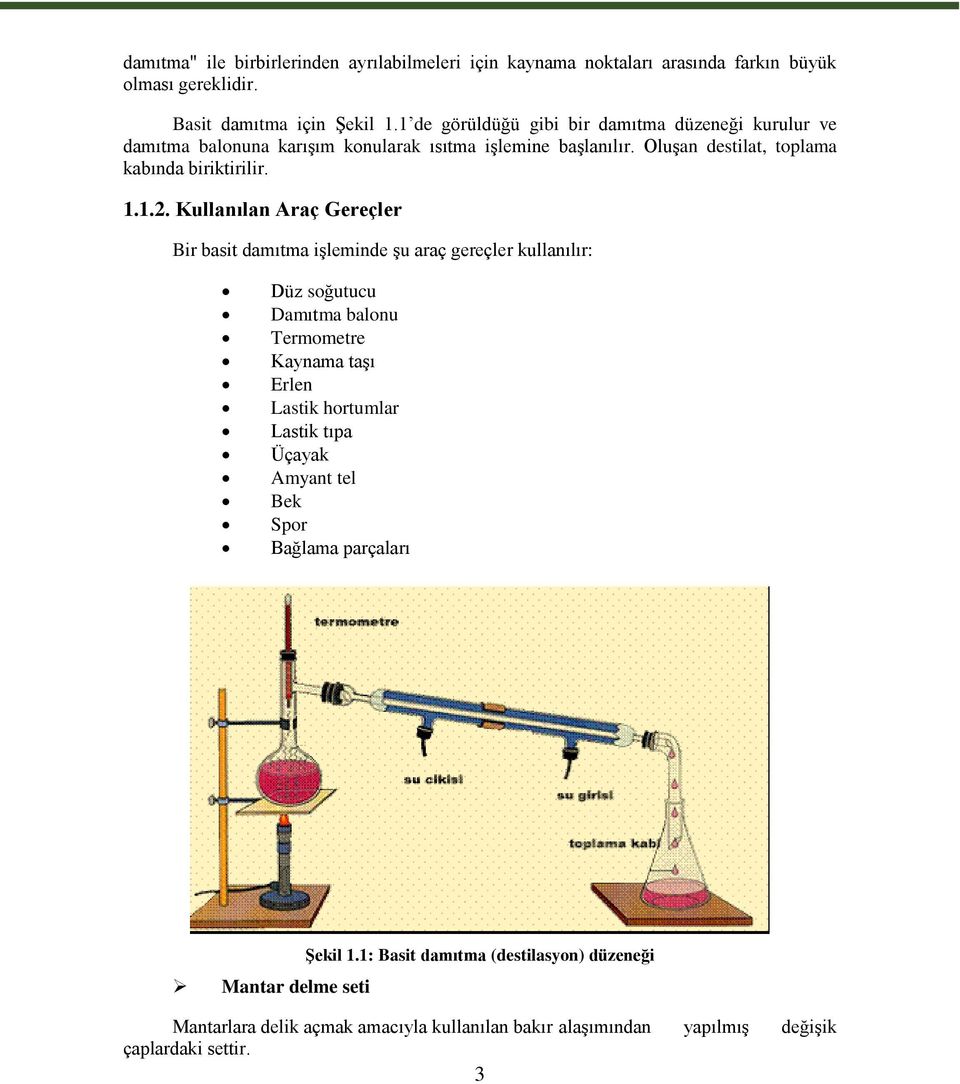 Kullanılan Araç Gereçler Bir basit damıtma iģleminde Ģu araç gereçler kullanılır: Düz soğutucu Damıtma balonu Termometre Kaynama taģı Erlen Lastik hortumlar Lastik tıpa