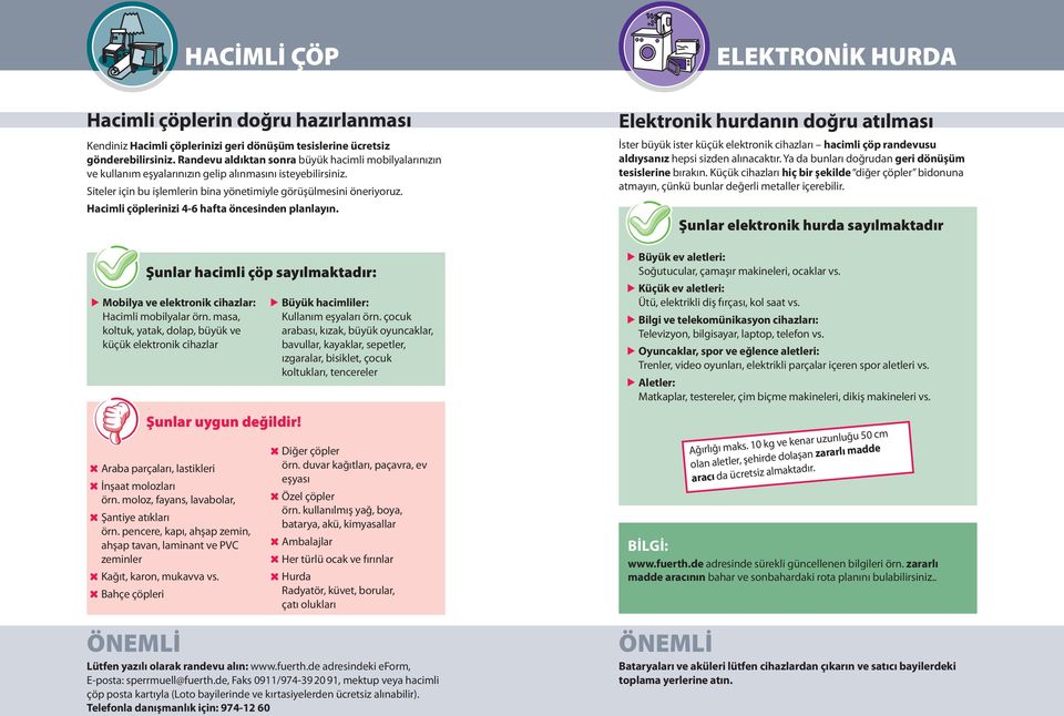 Hacimli çöplerinizi 4-6 hafta öncesinden planlayın. Şunlar hacimli çöp sayılmaktadır: Mobilya ve elektronik cihazlar: Hacimli mobilyalar örn.