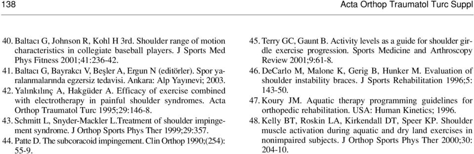 Efficacy of exercise combined with electrotherapy in painful shoulder syndromes. Acta Orthop Traumatol Turc 1995;29:146-8. 43. Schmitt L, Snyder-Mackler L.Treatment of shoulder impingement syndrome.
