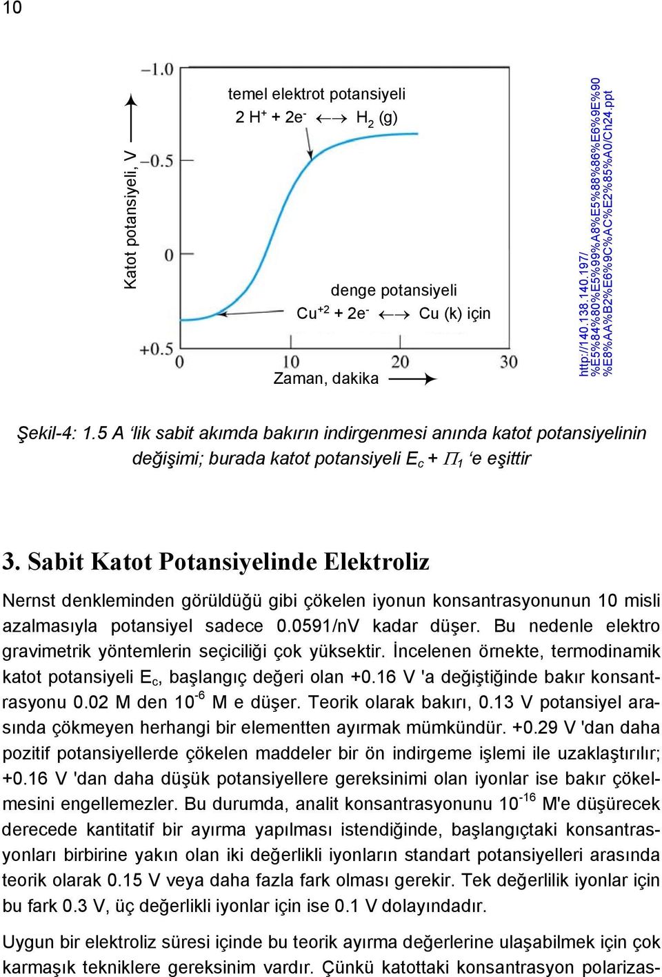 5 A lik sabit akımda bakırın indirgenmesi anında katot potansiyelinin değişimi; burada katot potansiyeli E c + 1 e eşittir 3.