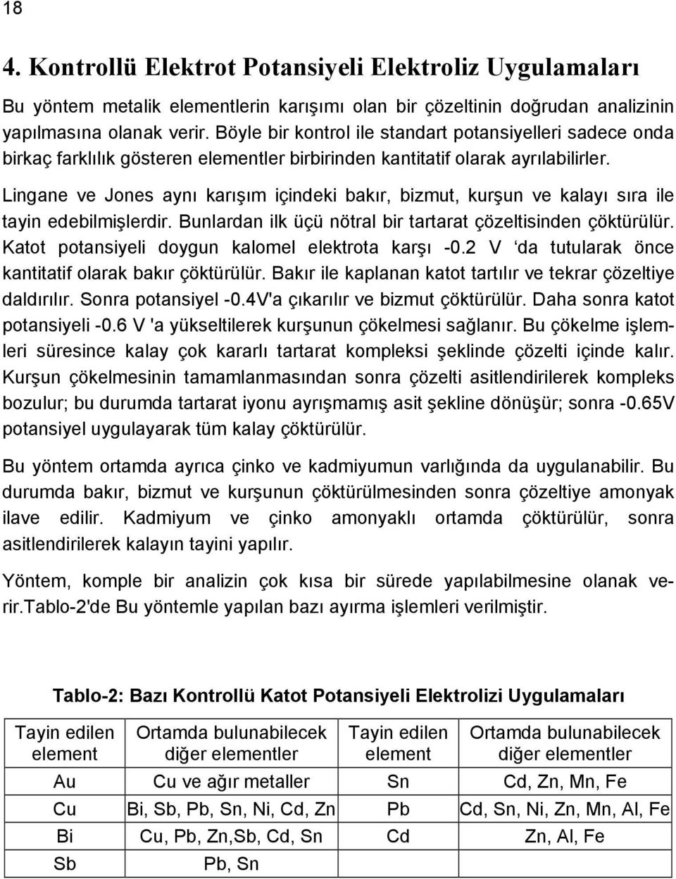 Lingane ve Jones aynı karışım içindeki bakır, bizmut, kurşun ve kalayı sıra ile tayin edebilmişlerdir. Bunlardan ilk üçü nötral bir tartarat çözeltisinden çöktürülür.