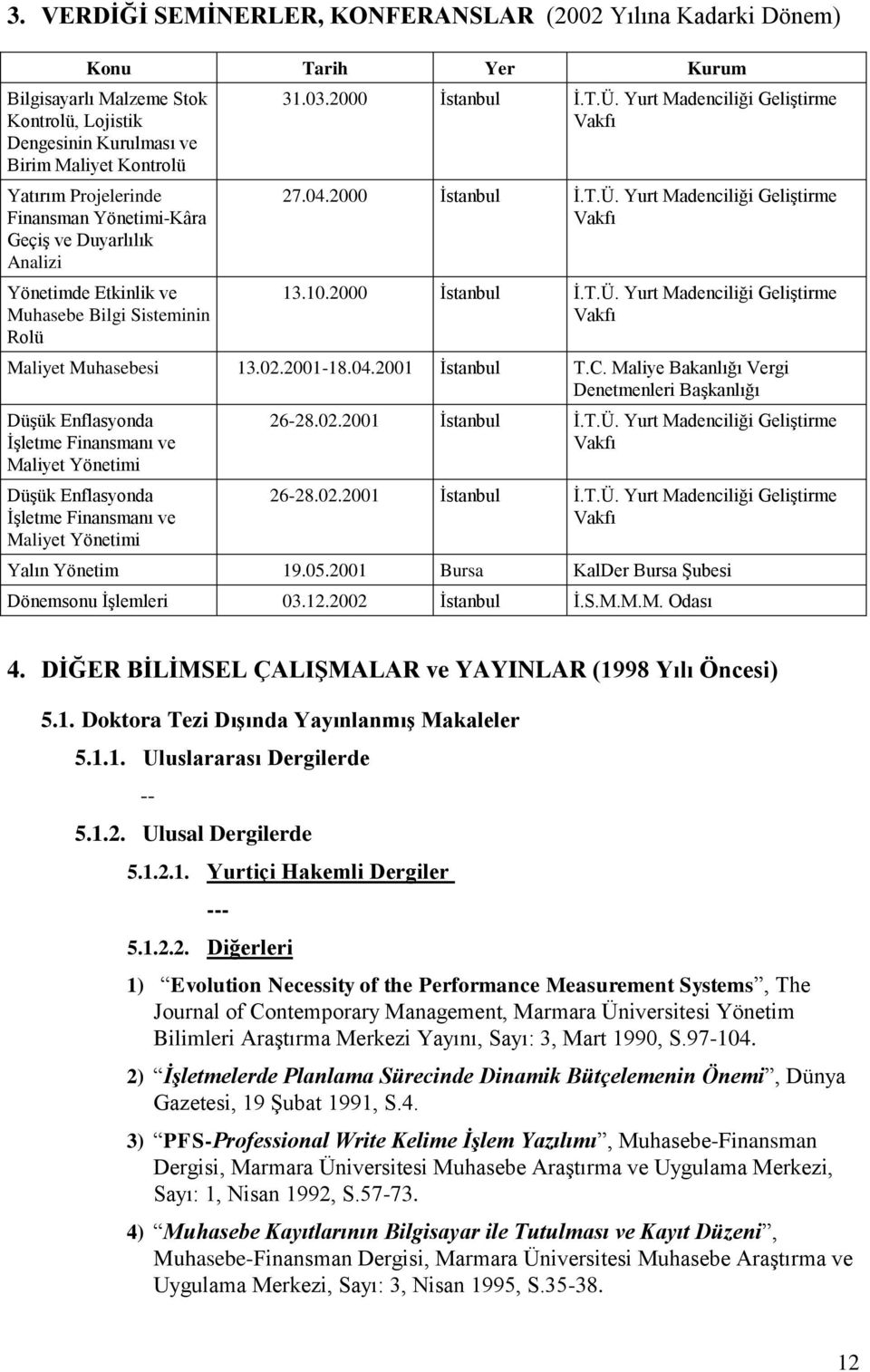 10.2000 İstanbul İ.T.Ü. Yurt Madenciliği Geliştirme Vakfı Maliyet Muhasebesi 13.02.2001-18.04.2001 İstanbul T.C.