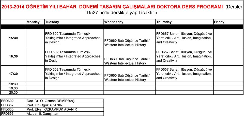 İllüzyon, Düşgücü ve Yaratıcılık / Art, Illusion, Imagination, and Creativity 16:30 FFD 602 Tasarımda Tümleşik Yaklaşımlar / Integrated Approaches in Design FFD660 Batı Düşünce Tarihi / Western