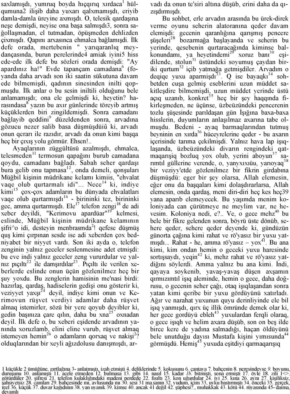 İlk defe orada, mertebenin " yarıqaranlıq meydançasında, burun perelerinde4 amiak iyini5 hiss ede-ede ilk defe bu sözleri orada demişdi: "Ay apardınız ha!