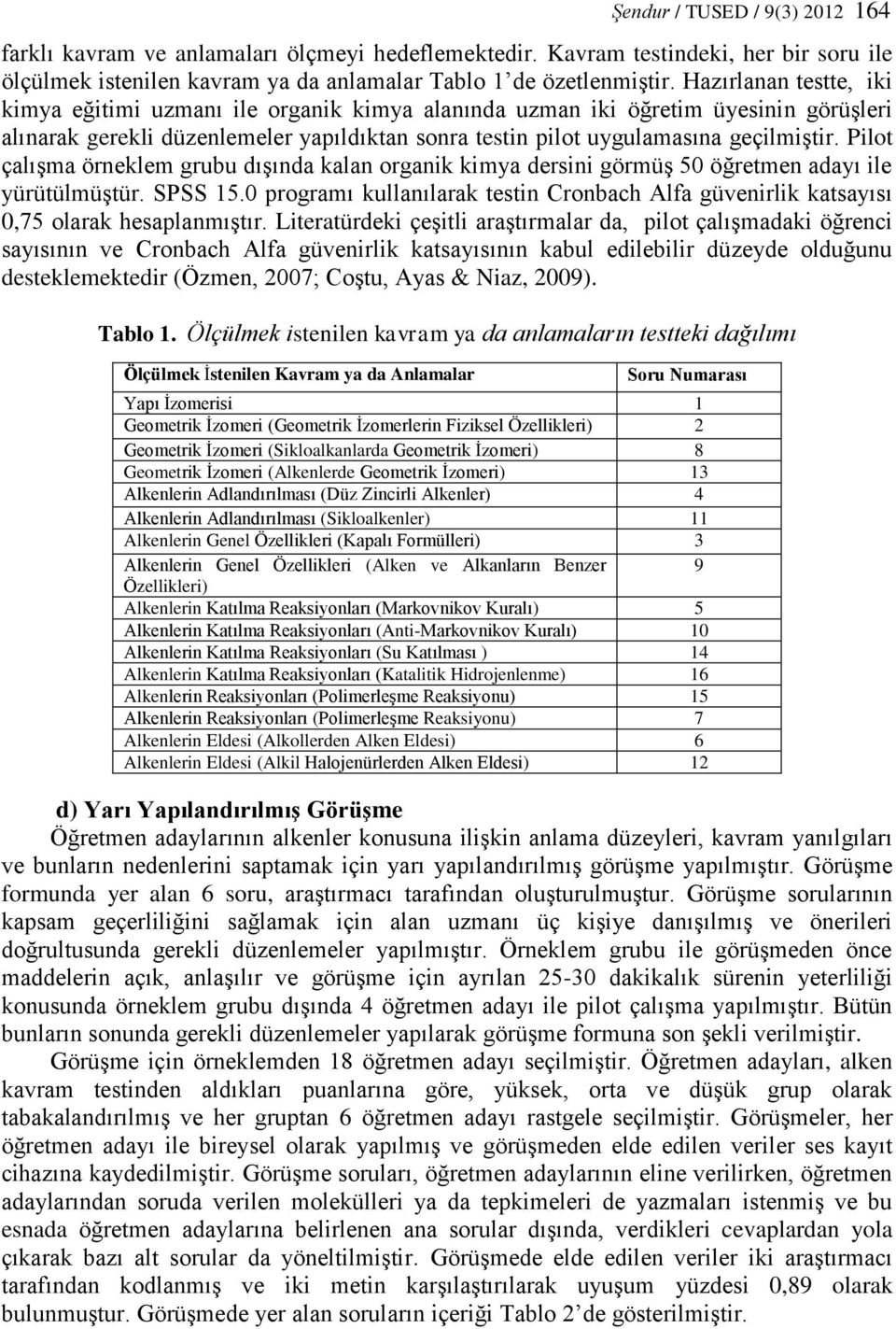 Pilot çalışma örneklem grubu dışında kalan organik kimya dersini görmüş 50 öğretmen adayı ile yürütülmüştür. SPSS 15.