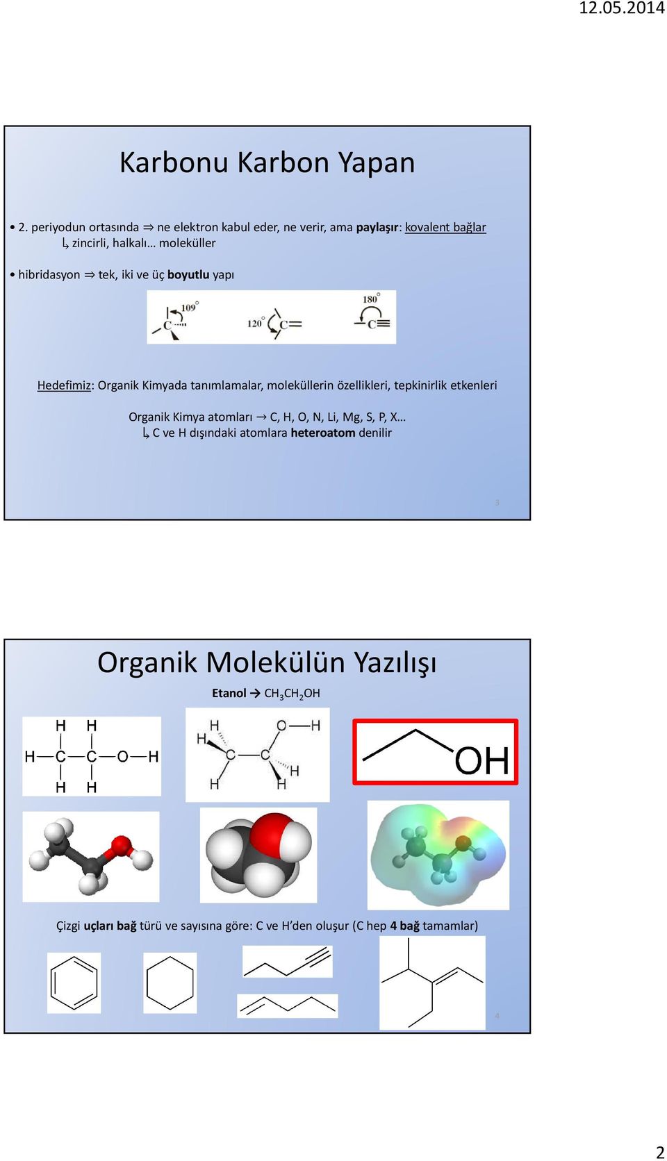 hibridasyon tek, iki ve üç boyutluyapı Hedefimiz: Organik Kimyada tanımlamalar, moleküllerin özellikleri, tepkinirlik