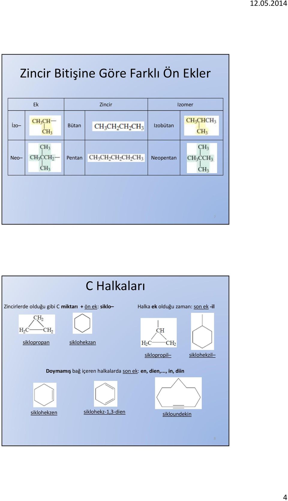 zaman: son ek -il siklopropan siklohekzan siklopropil siklohekzil Doymamış bağ içeren