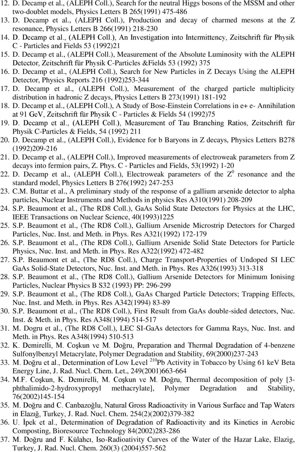 D. Decamp et al., (ALEPH Coll.), Search for New Particles in Z Decays Using the ALEPH Detector, Physics Reports 216 (1992)253-344 17. D. Decamp et al., (ALEPH Coll.), Measurement of the charged particle multiplicity distribution in hadronic Z decays, Physics Letters B 273(1991) 181-192 18.