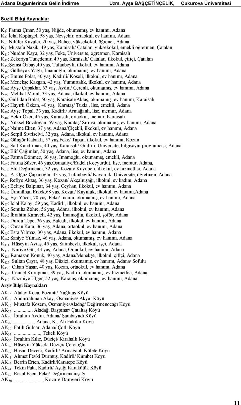 yaş, Karaisalı/ Çatalan, ilkokul, çiftçi, Çatalan K 15 :Şemsi Özbay,40 yaş, Tufanbeyli, ilkokul, ev hanımı, Adana K 16 : Gülbeyaz.