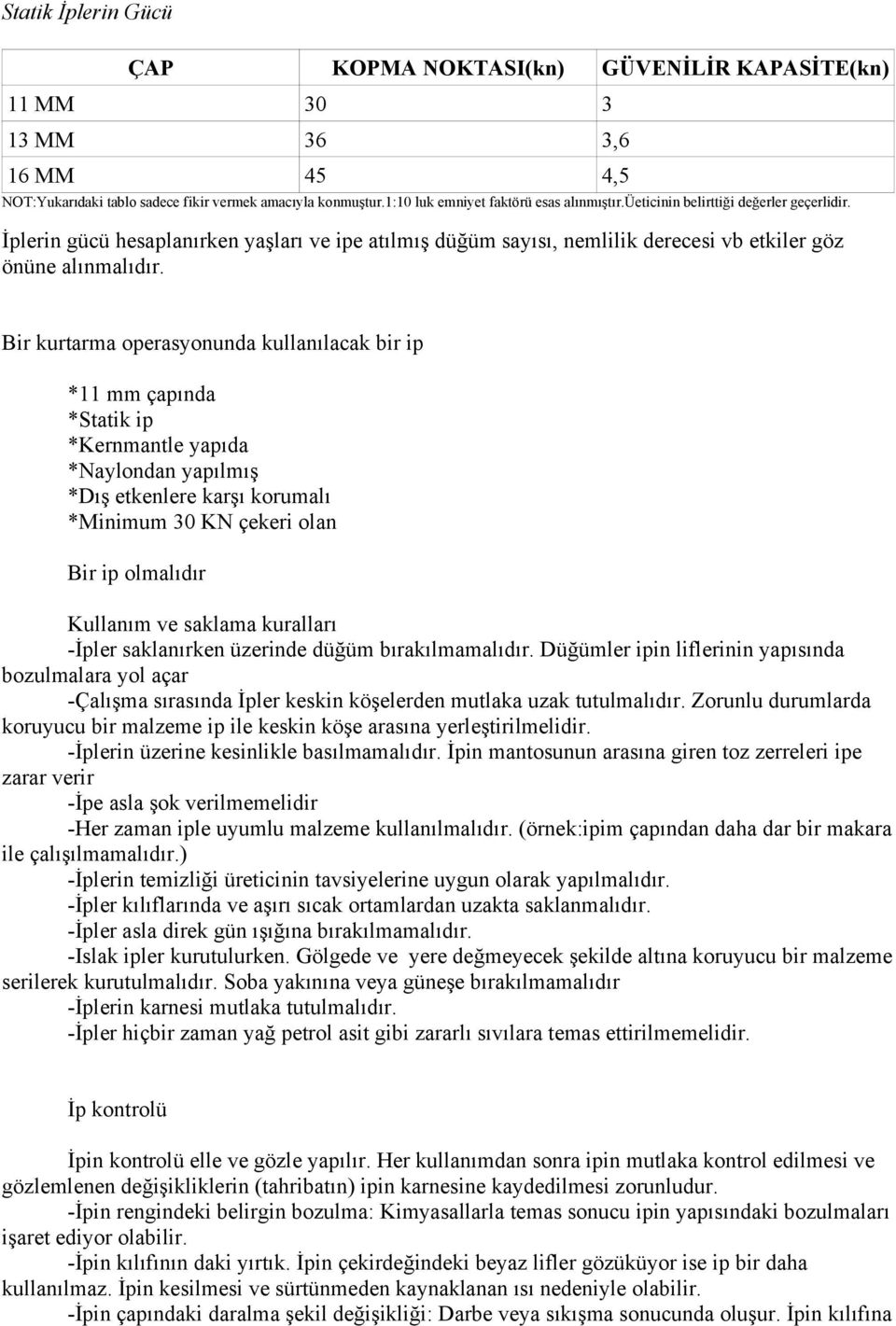 Bir kurtarma operasyonunda kullanılacak bir ip *11 mm çapında *Statik ip *Kernmantle yapıda *Naylondan yapılmış *Dış etkenlere karşı korumalı *Minimum 30 KN çekeri olan Bir ip olmalıdır Kullanım ve