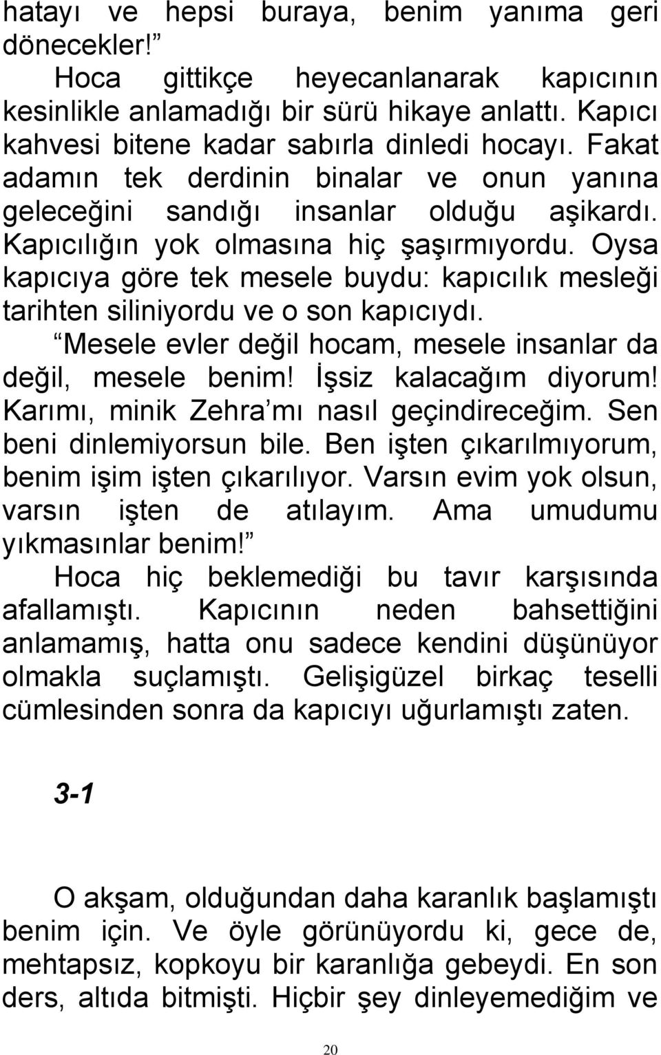 Oysa kapıcıya göre tek mesele buydu: kapıcılık mesleği tarihten siliniyordu ve o son kapıcıydı. Mesele evler değil hocam, mesele insanlar da değil, mesele benim! İşsiz kalacağım diyorum!