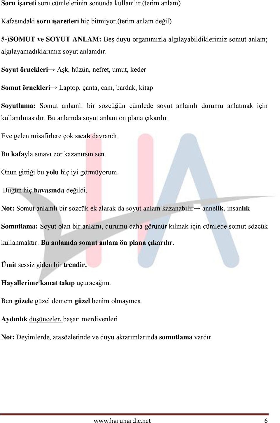 Soyut örnekleri Aşk, hüzün, nefret, umut, keder Somut örnekleri Laptop, çanta, cam, bardak, kitap Soyutlama: Somut anlamlı bir sözcüğün cümlede soyut anlamlı durumu anlatmak için kullanılmasıdır.