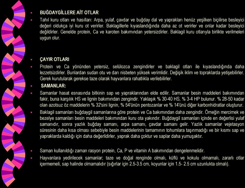 Baklagil kuru otlarıyla birlikte verilmeleri uygun olur. ÇAYIR OTLARI Protein ve Ca yönünden yetersiz, selülozca zengindirler ve baklagil otları ile kıyaslandığında daha lezzetsizdirler.