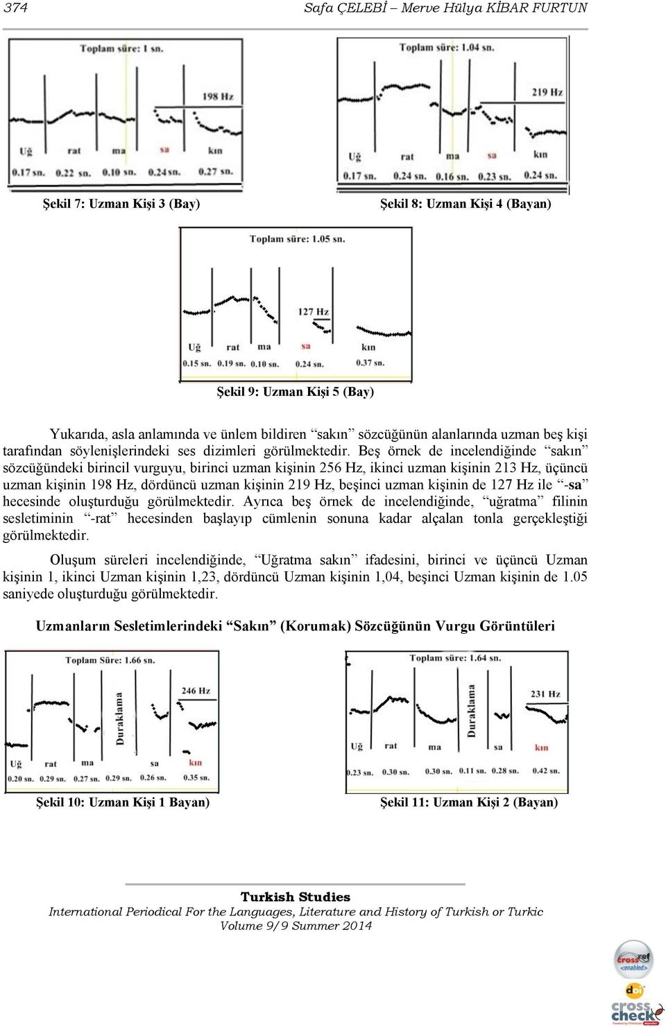 Beş örnek de incelendiğinde sakın sözcüğündeki birincil vurguyu, birinci uzman kişinin 256 Hz, ikinci uzman kişinin 213 Hz, üçüncü uzman kişinin 198 Hz, dördüncü uzman kişinin 219 Hz, beşinci uzman