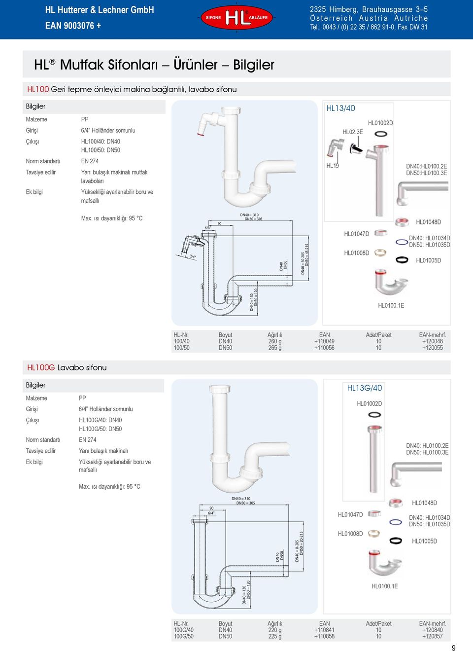 1E 100/40 260 g +110049 10 +120048 100/50 265 g +110056 10 +120055 HL100G Lavabo sifonu HL100G/40: HL100G/50: Yanı bulaşık makinalı Yüksekliği ayarlanabilir boru ve mafsallı Max.
