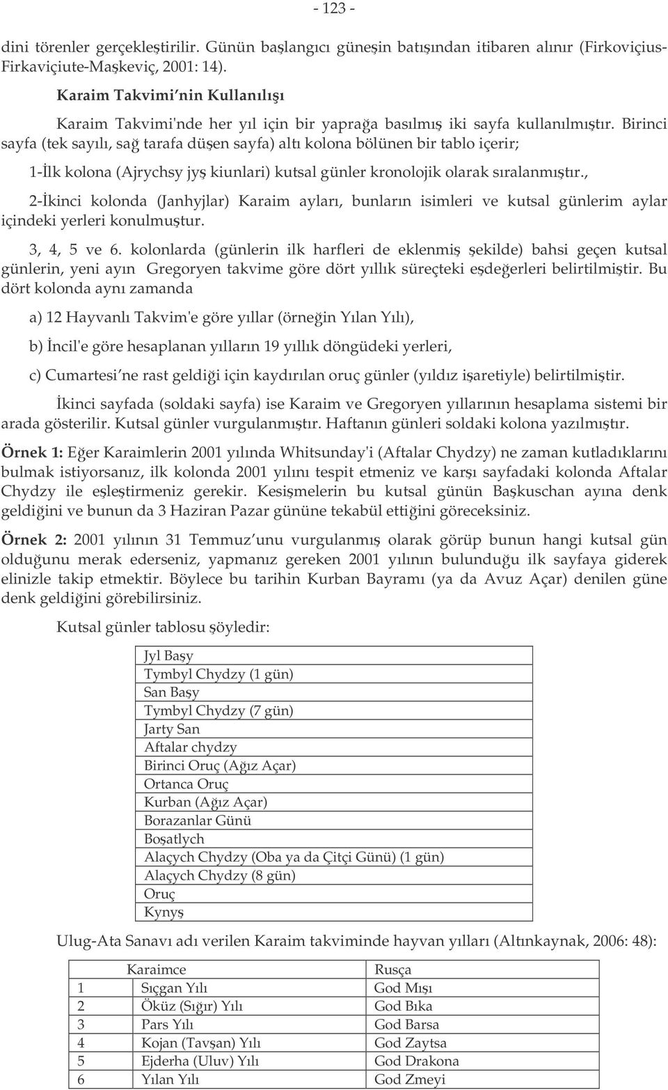 Birinci sayfa (tek sayılı, sa tarafa düen sayfa) altı kolona bölünen bir tablo içerir; 1-lk kolona (Ajrychsy jy kiunlari) kutsal günler kronolojik olarak sıralanmıtır.