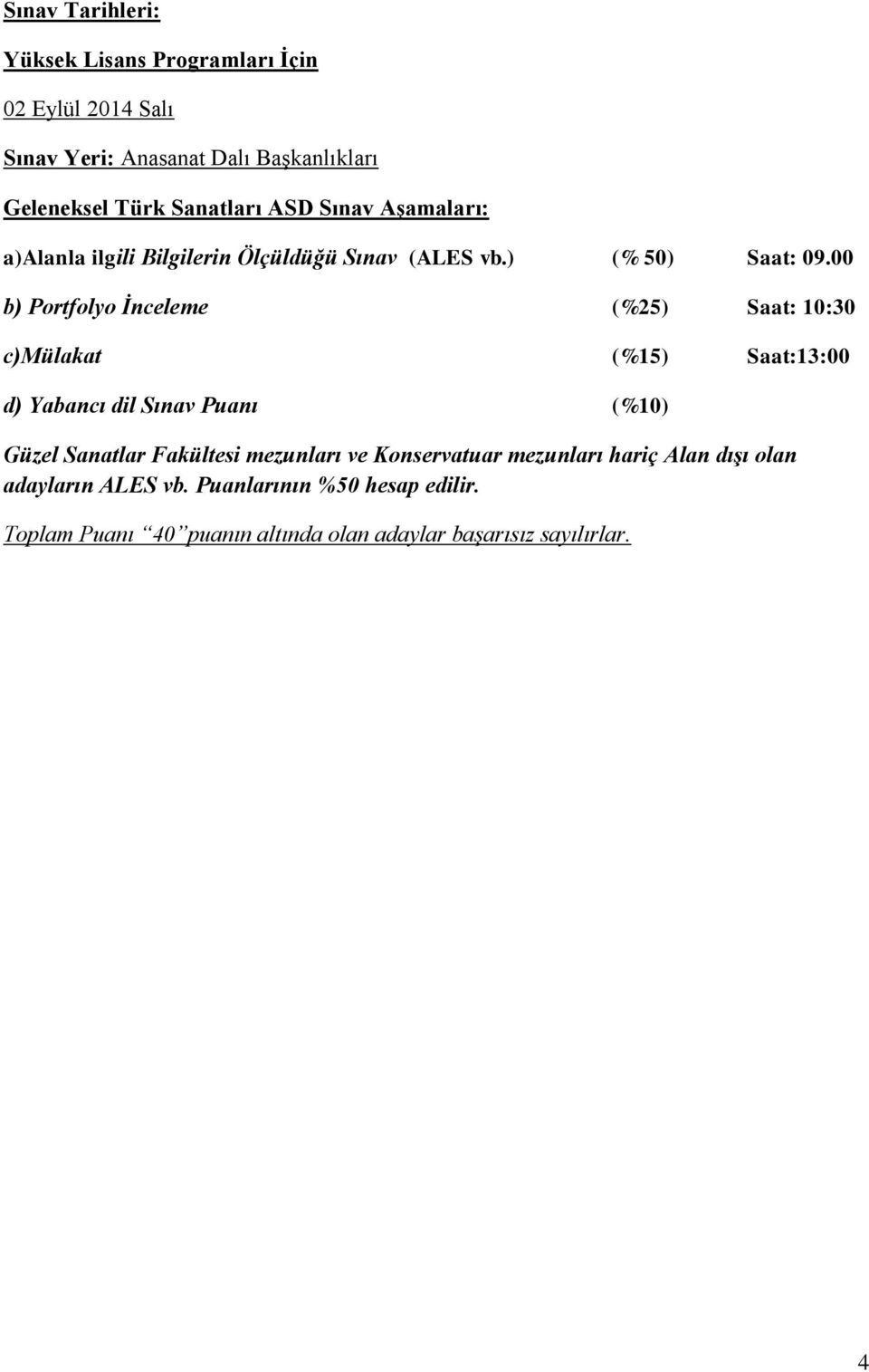 00 b) Portfolyo İnceleme (%25) Saat: 10:30 c)mülakat (%15) Saat:13:00 d) Yabancı dil Sınav Puanı (%10) Güzel Sanatlar Fakültesi