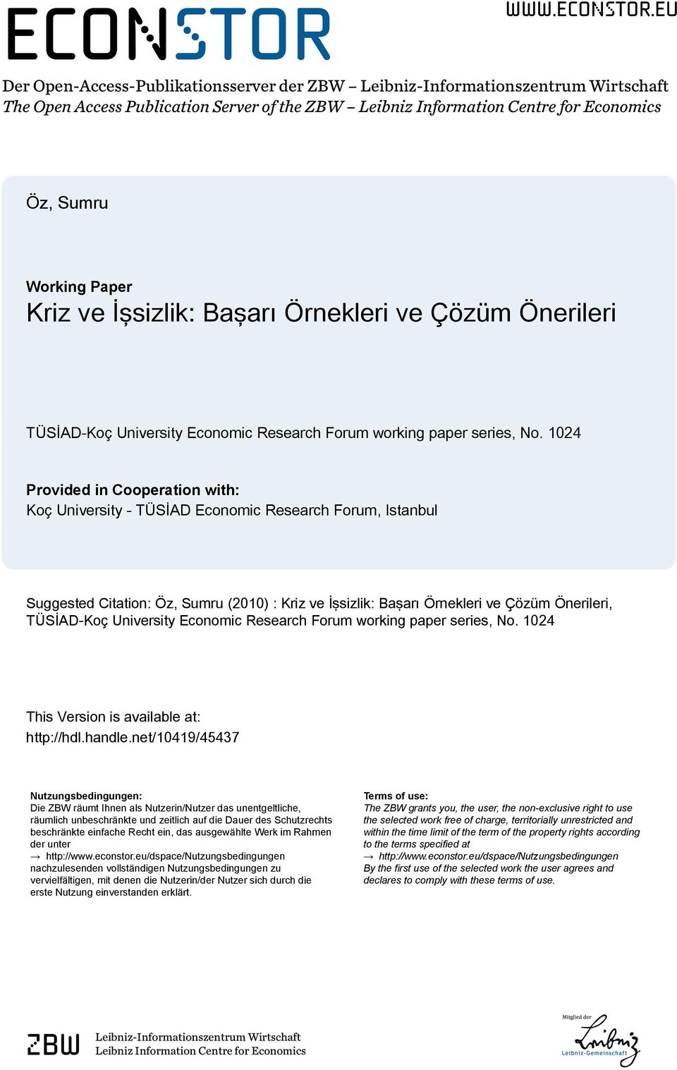 eu Der Open-Access-Publikationsserver der ZBW Leibniz-Informationszentrum Wirtschaft The Open Access Publication Server of the ZBW Leibniz Information Centre for Economics Öz, Sumru Working Paper