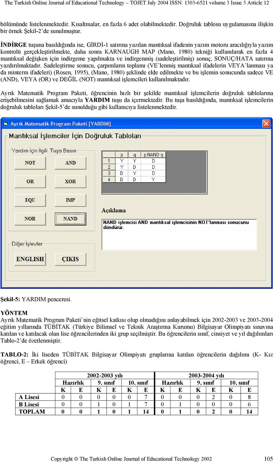 fazla 4 mantıksal değişken için indirgeme yapılmakta ve indirgenmiş (sadeleştirilmiş) sonuç, SONUÇ/HATA satırına yazdırılmaktadır.