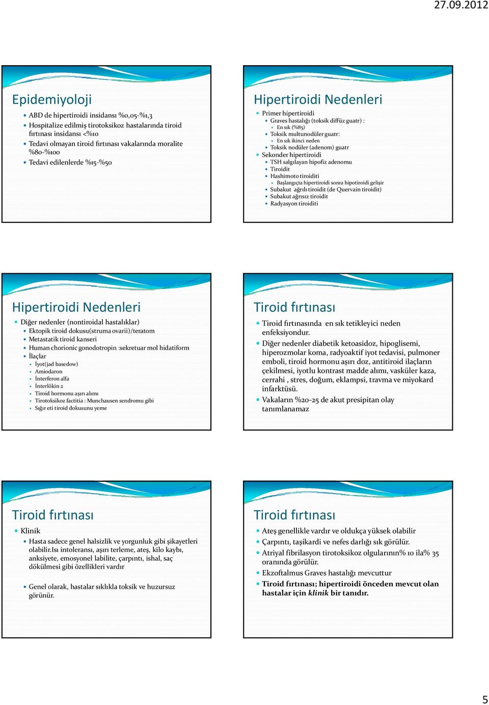 hipertiroidi TSH salgılayan hipofiz adenomu Tiroidit Hashimoto tiroiditi Başlangıçta hipertiroidi sonra hipotiroidi gelişir Subakut ağrılı tiroidit (de Quervain tiroidit) Subakutağrısız tiroidit