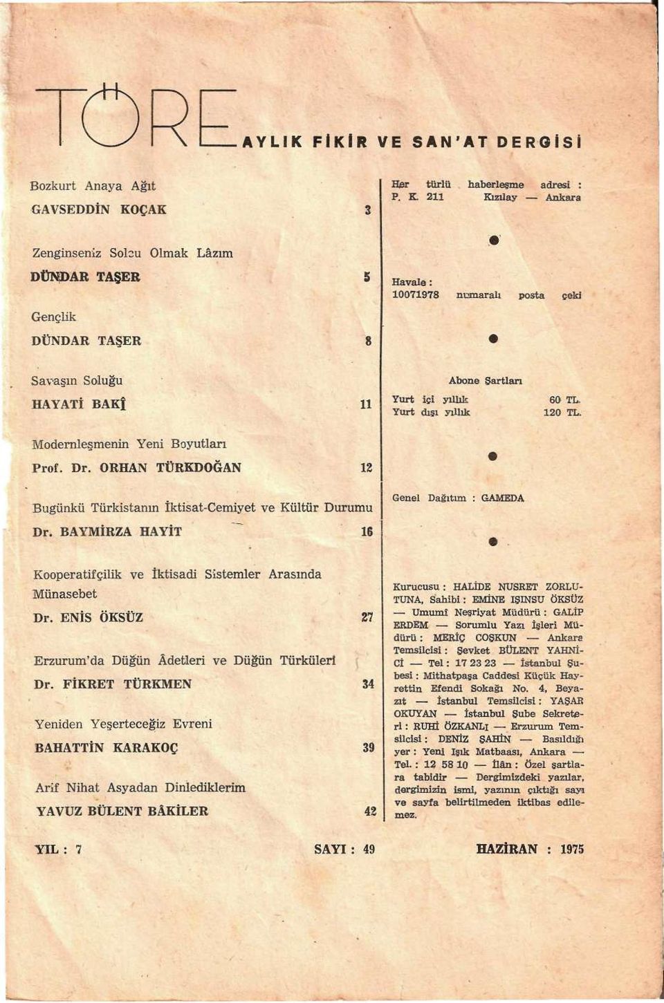 211 Kızılay Ankara Zenginseniz Solcu Olmak Lâzım DÜNDAR TAŞER Gençlik DÜNDAR TAŞER Havale: 10071978 numaralı posta çeki Savaşın Soluğu Abone Şartlan HAYATİ BAKÎ 11 Yurt isi yıllık Yurt dışı yıllık 60