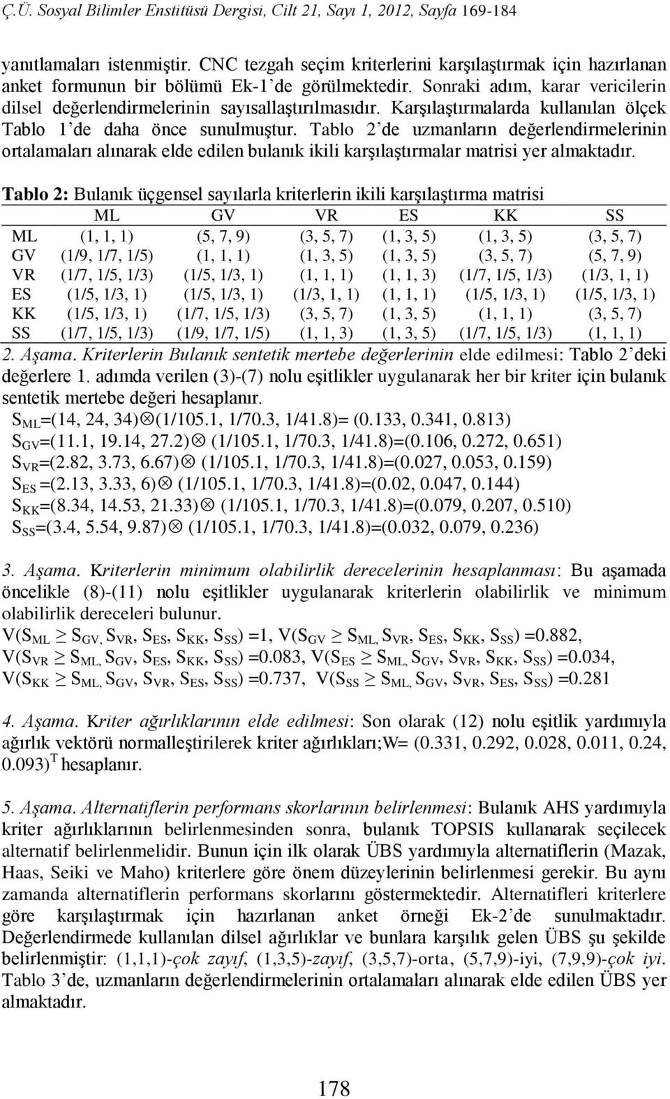 Tlo de uzmnlrın değerlendrmelernn ortlmlrı lınrk elde edlen ulnık kl krşılştırmlr mtrs yer lmktdır.