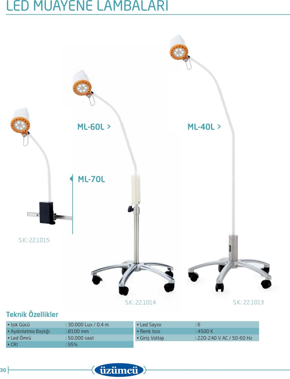 000 Lux / 0,4 m Led Sayısı : 6 Aydınlatma Başlığı : Ø100 mm Renk