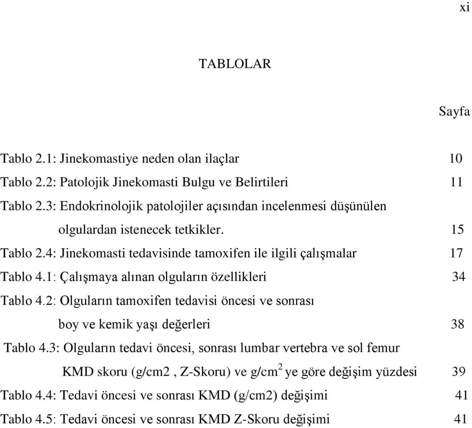 4: Jinekomasti tedavisinde tamoxifen ile ilgili çalışmalar 17 Tablo 4.1: Çalışmaya alınan olguların özellikleri 34 Tablo 4.