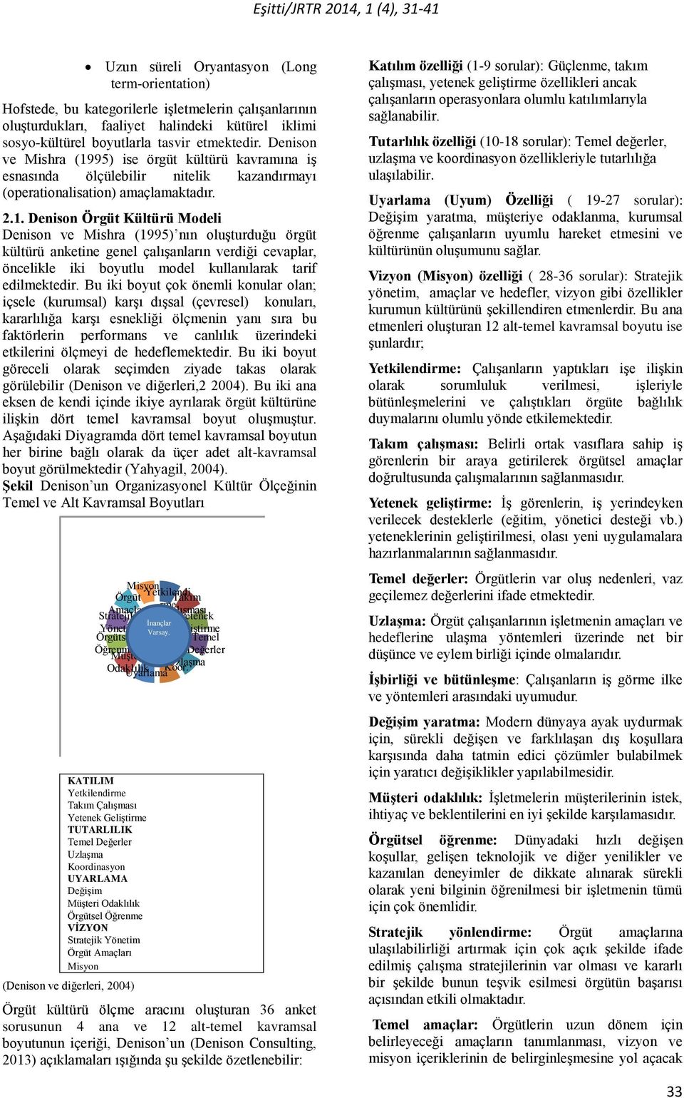 95) ise örgüt kültürü kavramına iş esnasında ölçülebilir nitelik kazandırmayı (operationalisation) amaçlamaktadır. 2.1.